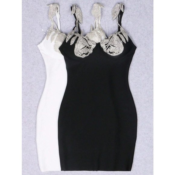 Stunning Rhinestone Detail Tie Shoulder Bustier Cami Bodycon Black Dress - Picture 5 of 7